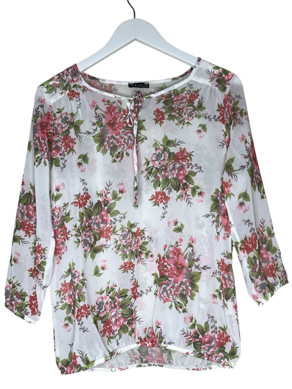 VENUS White Floral Tie-Front Sheer Blouse with Pink & Green Bouquet Print Size 4